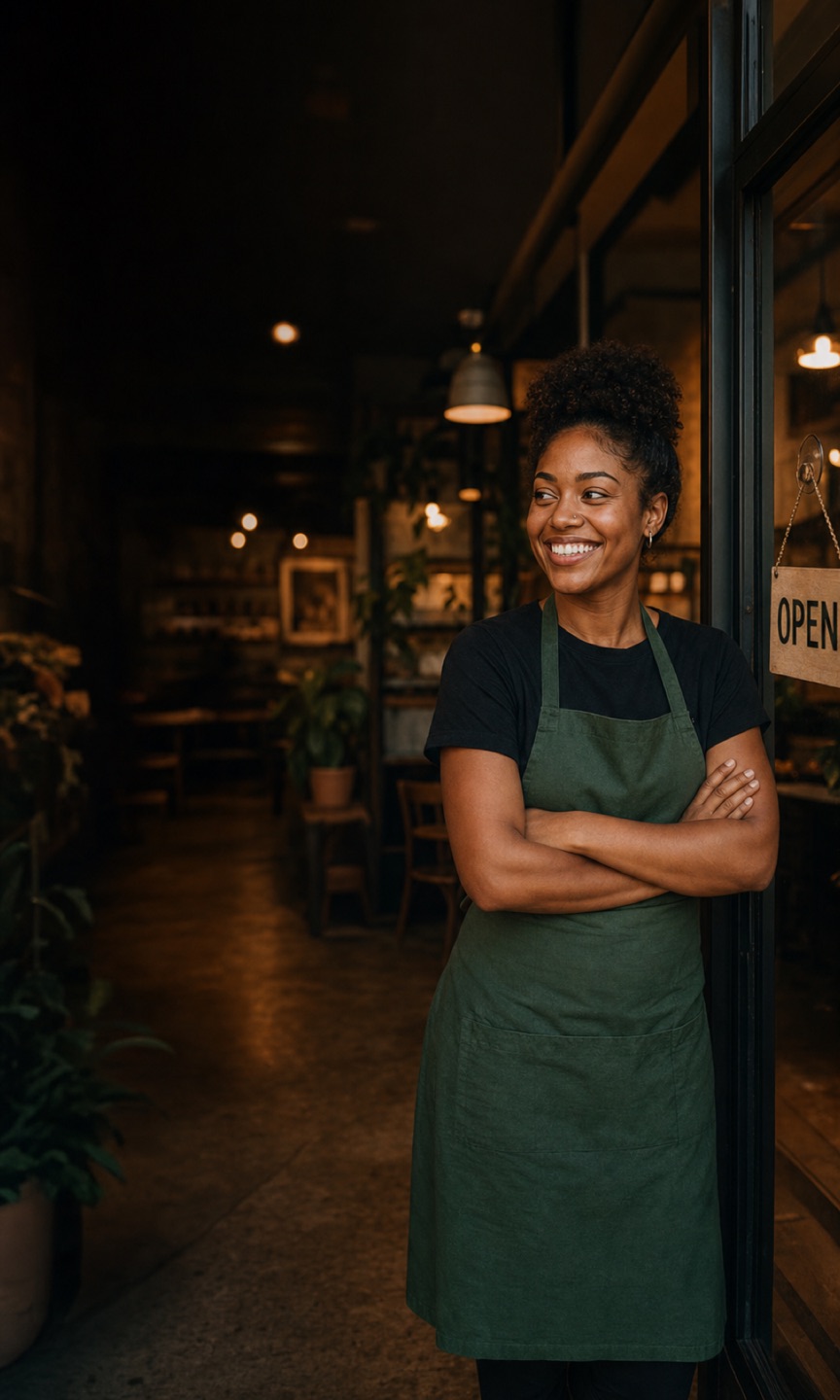 A smiling shop owner in a green apron at a storefront entrance.